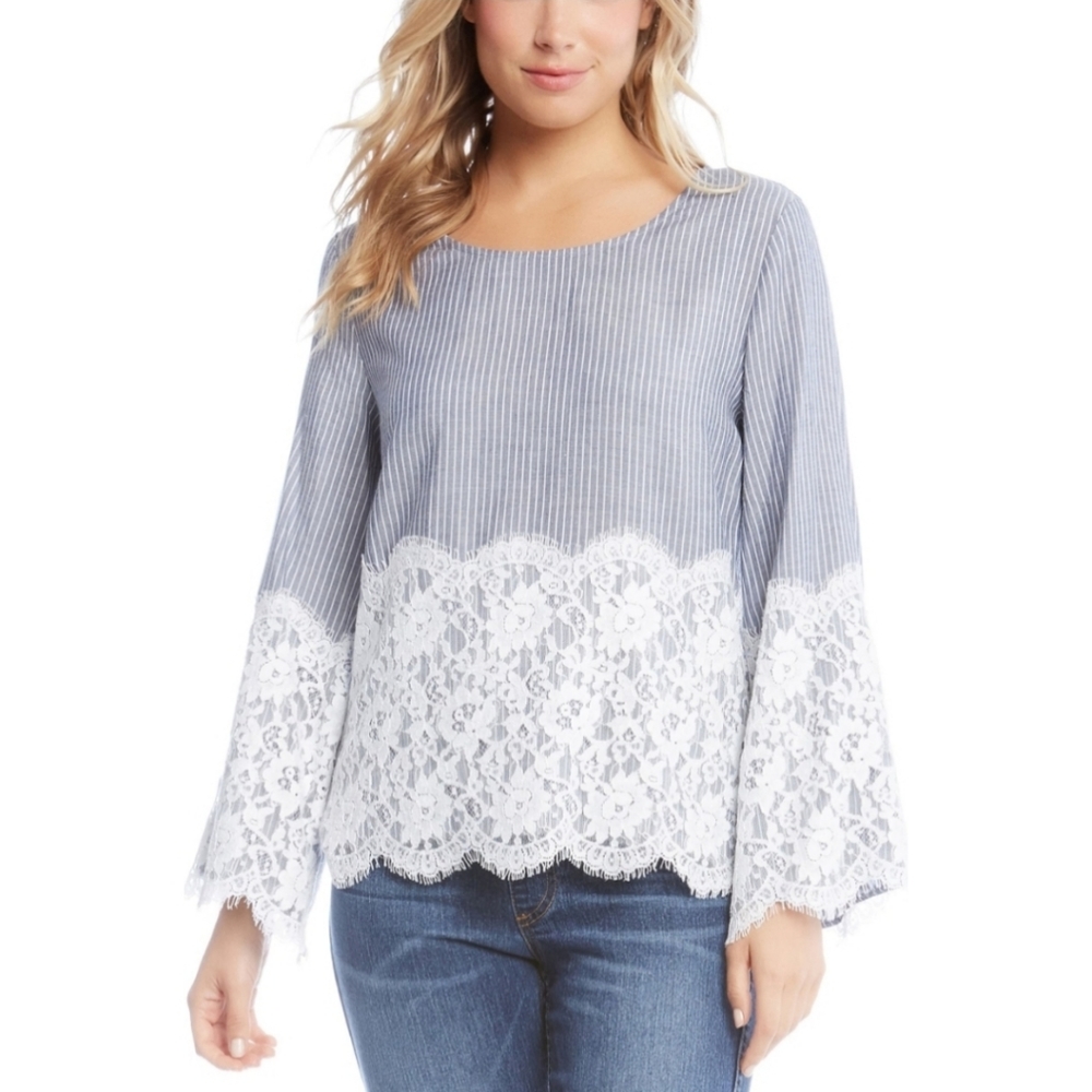 Karen Kane Chambray Stripe Lace Top - Picture 1 of 11